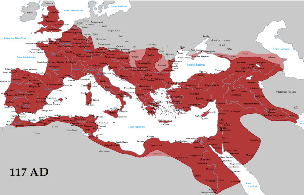 Império Romano mostrado em vermelho no mapa